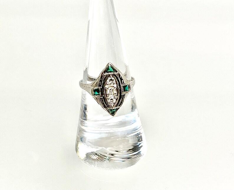 Diamond and Laboratory Grown Emerald Filigree Ring, Antique Diamond and Emerald Ring, 18 Karat White Gold Edwardian Diamond Ring image 5