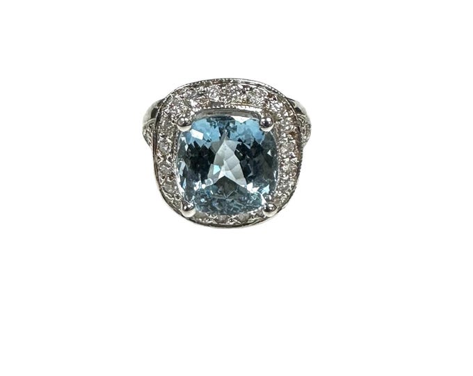 Vintage Aquamarine and Diamond Cocktail Ring, Vintage Halo Ring