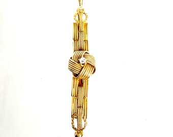 Yellow Gold Diamond Knot Pendant, Long Pendant with Diamond Center, Antique Knot Pendant