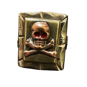 1950Mexican Biker Ring--Silver Skull and Crossbones with Red Enamel Eyes