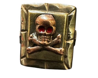 1950Mexican Biker Ring--Silver Skull and Crossbones with Red Enamel Eyes