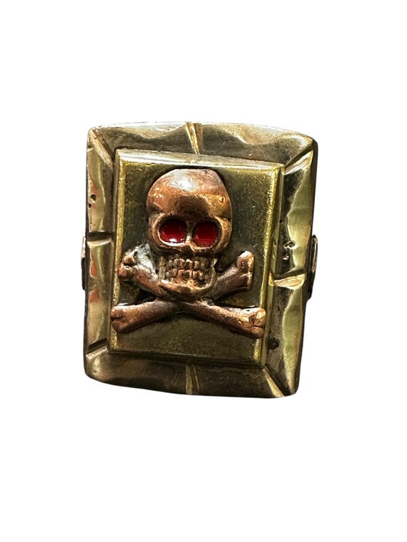 1950 Mexican Biker Ring--silver Skull and Crossbones With Red