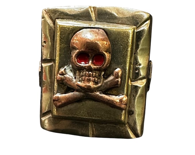 1950Mexican Biker Ring--Silver Skull and Crossbones with Red Enamel Eyes