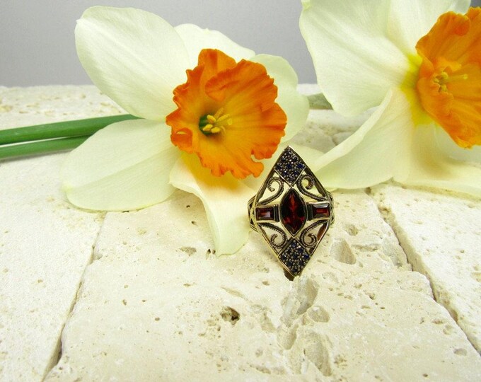 Yellow Gold Garnet and Sapphire Ring, Garnet Ring, Garnet and Sapphire Ring, Sapphire Ring, Blue Sapphire Ring, January Birthstone Ring