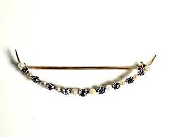 Antique 14 Karat Yellow Gold Blue Sapphire and Pearl Crescent Pin