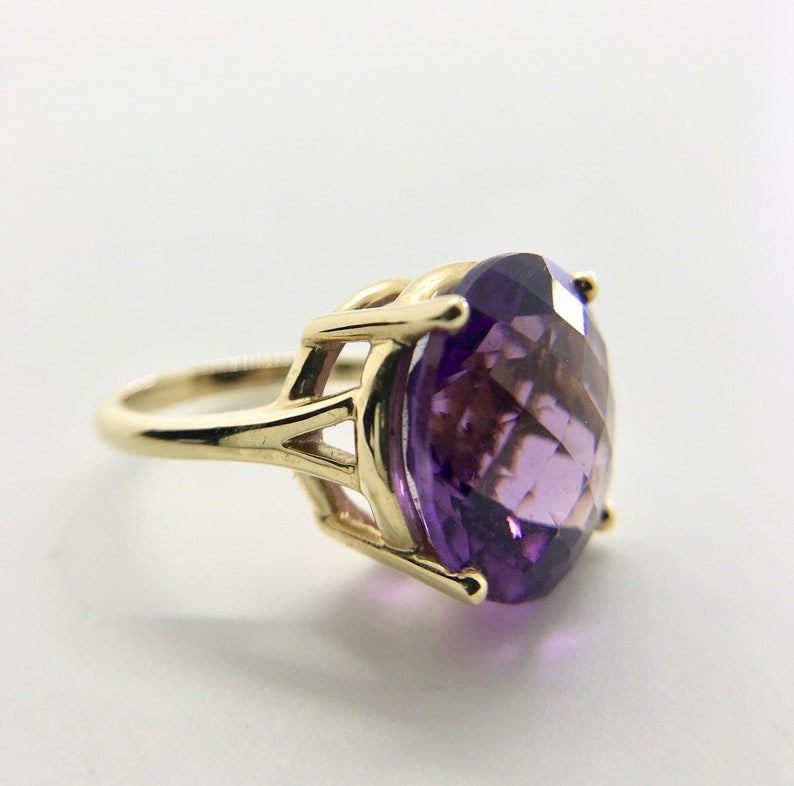 Yellow Gold Amethyst Ring, Vintage Amethyst Ring, Checkerboard Faceted Amethyst, Amethyst Solitaire image 4