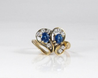 1970s Blue Sapphire Diamond Ring: 14k Yellow Gold Cocktail Ring