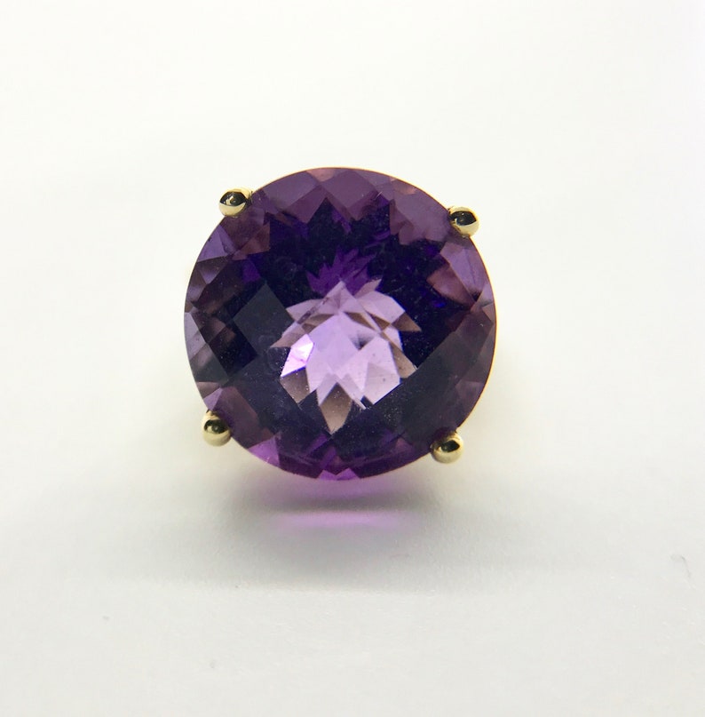 Yellow Gold Amethyst Ring, Vintage Amethyst Ring, Checkerboard Faceted Amethyst, Amethyst Solitaire image 1