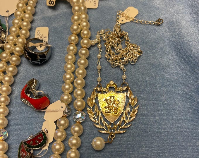 Bag Lot of Miscellaneous Jewelry Items, Faux Pearls, Sterling Silver Pendant, Rainbow Calsica Pendant, Earrings, Stainless Steal Rings