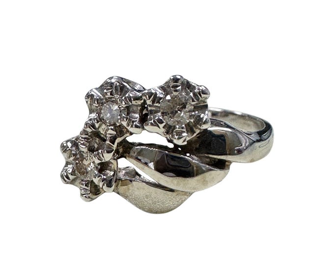 Vintage 1950s 14K White Gold Diamond Cocktail Ring, Mid Century, Size 7 1/4