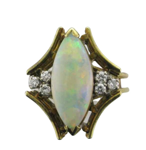 14 Karat Yellow Gold Opal and Diamond Ring with An