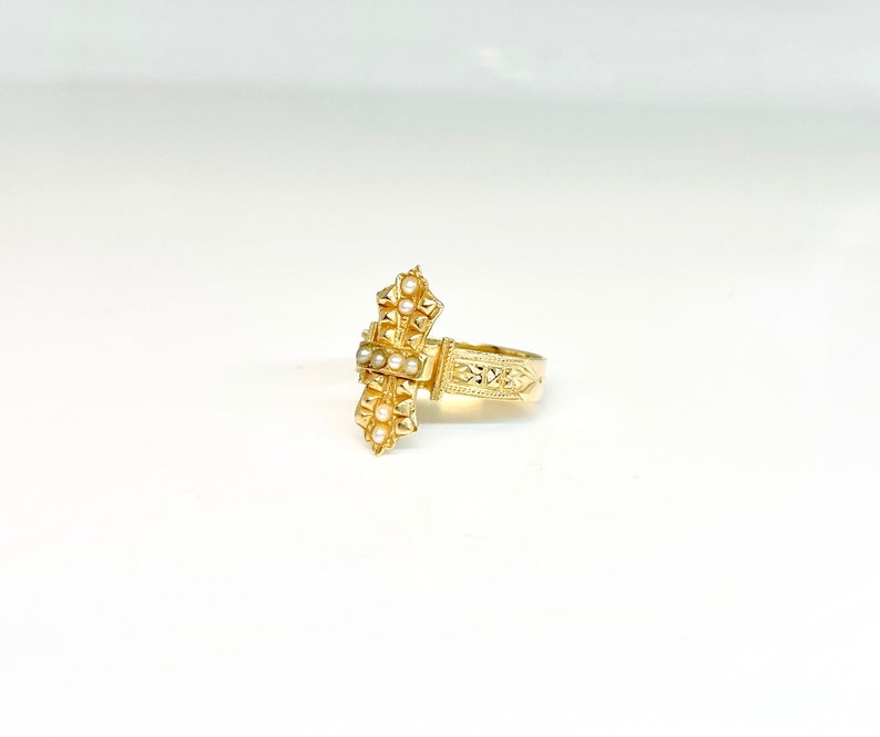 Yellow Gold Seed Pearl Ring, Victorian Style Ring, Victorian Pearl Ring, Victorian Style June Birthstone Ring image 3