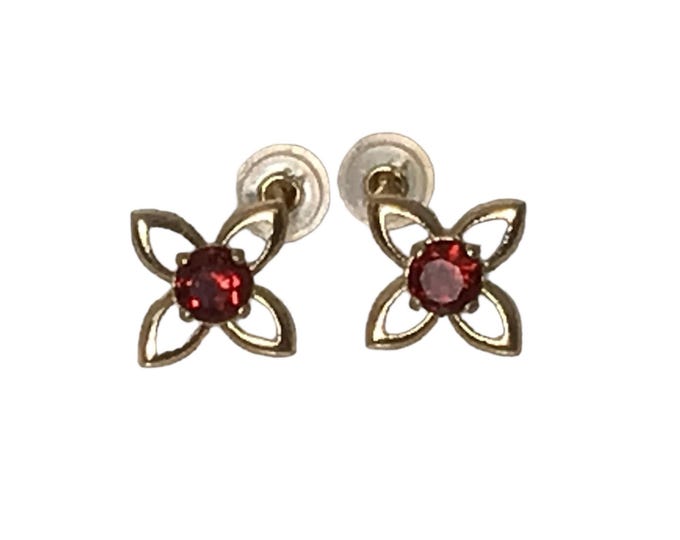 Yellow Gold Pierced Garnet Earrings in Floral Design, 14 Karat Yellow Gold Garnet Earrings