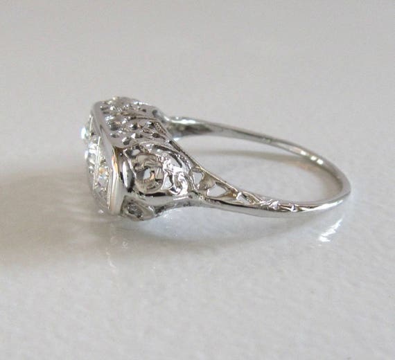 White Gold Diamond Filigree Ring, Edwardian Diamo… - image 2