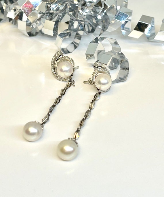 Vintage 14 Karat White Gold Diamond and Pearl Dan… - image 10