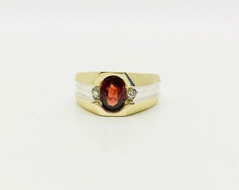 Vintage Garnet and Diamond Two Tone Gold Ring with Brush Finish