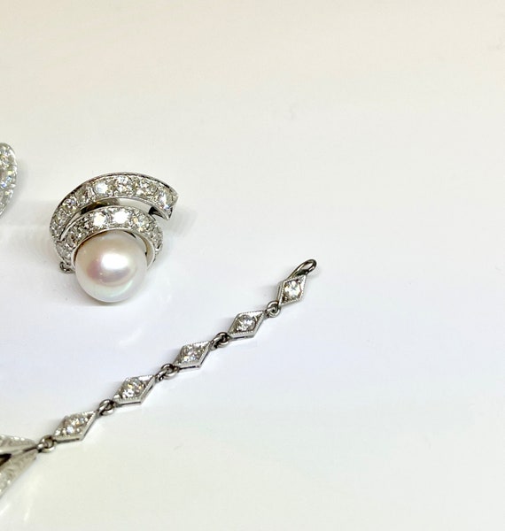 Vintage 14 Karat White Gold Diamond and Pearl Dan… - image 7