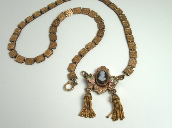Gold Filled Cameo Book Chain Necklace with Tassel… - image 2