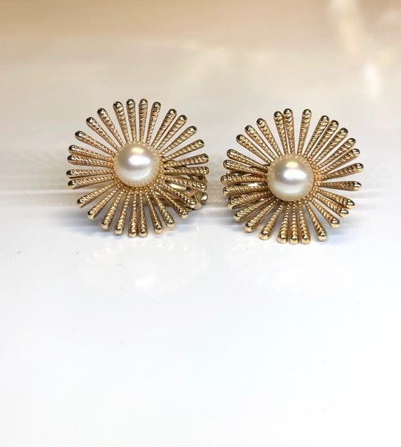 Vintage Pierced Pearl Earrings, Gold Sunburst Pear