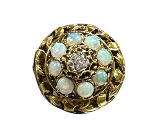 Yellow Gold Opal Diamond Ring: Floral Estate Jewelry