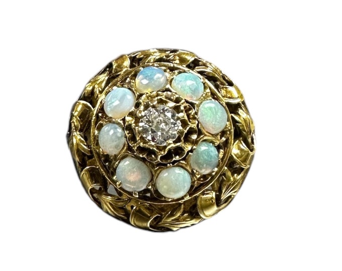 Yellow Gold Opal and Diamond Ring in Floral Design, Old European Cut Diamond, Opal and Diamond Ring, Vintage Opal and Diamond Ring