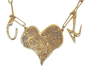 Christian Lacroix Necklace with Whimsical Abstract Heart Link Chain, Gold Plated and Signed by Fashion Jewelry Designer, Made in France