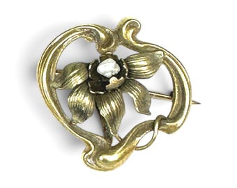 Authentic Art Nouveau 10 Karat Yellow Gold Baroque Pearl Floral Watch Pin