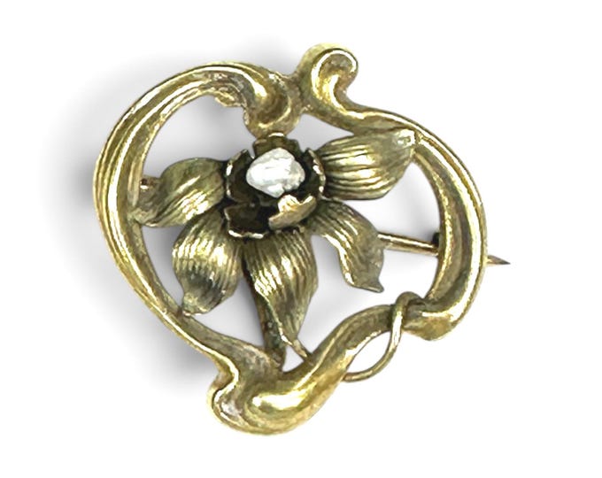 Authentic Art Nouveau 10 Karat Yellow Gold Baroque Pearl Floral Watch Pin