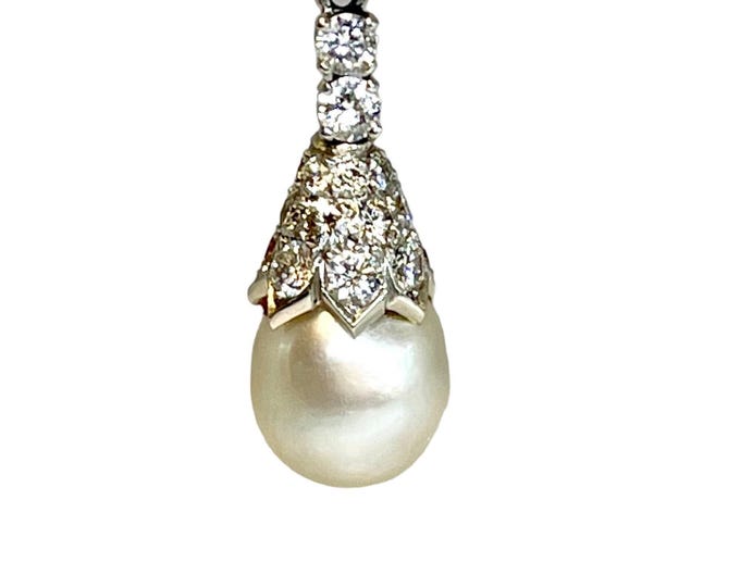 14 Karat White Gold Diamond and Pearl Pendant, Vintage Diamond and Pearl Pendant set in White Gold
