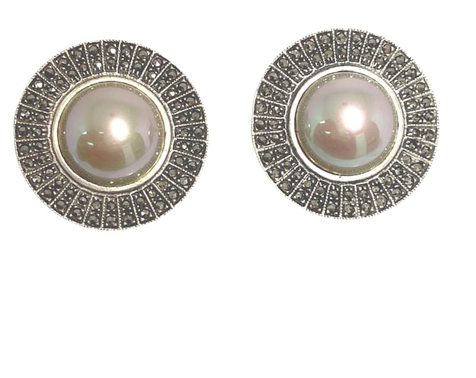 Sterling Silver Judith Jack Faux Pearl and Marcasite Pierced Earrings, Signed Pearl Earrings, Judith Jack Silver Earrings, Pierced Earrings