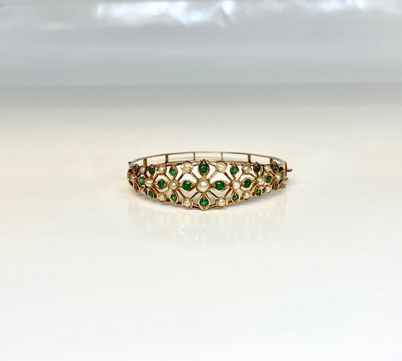 Vintage Yellow Gold Emerald and Pearl Bangle Brac… - image 2