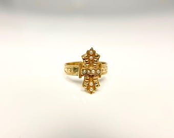 Yellow Gold Seed Pearl Ring, Victorian Style Ring, Victorian Pearl Ring, Victorian Style June Birthstone Ring