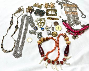 Bag Lot of Bits and Pieces of Jewelry, Vintage Watch Faces, Necklaces, Bracelet, Earrings, Jewelry Pieces
