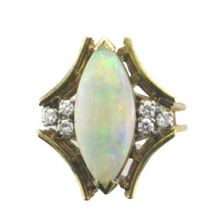 1970s Vintage Opal Diamond Ring: 14K Yellow Gold Angular Design Brutalist Style