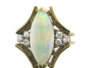 1970s Vintage Opal Diamond Ring: 14K Yellow Gold Angular Design Brutalist Style