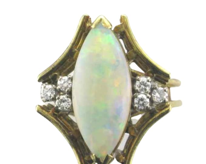14 Karat Yellow Gold Opal and Diamond Ring with Angular Design, Opal and Diamond Ring, Vintage Opal and Diamond Ring