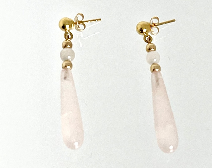 14 Karat Yellow Gold Rose Quartz Dangle Earrings, Vintage Pierced Dangle Earrings, Vintage Rose Quartz Pierced Earrings