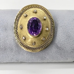 Antique 14k Yellow Gold Amethyst Pearl Brooch: Satin Finish Pin