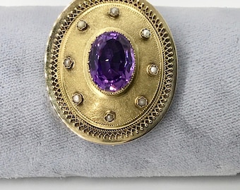 Antique Yellow Gold Amethyst and Pearl Brooch with Satin Finish,  Antique Brooch, Amethyst Pin, Amethyst Brooch, Watch Pin
