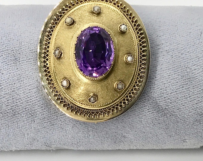 Antique Yellow Gold Amethyst and Pearl Brooch with Satin Finish,  Antique Brooch, Amethyst Pin, Amethyst Brooch, Watch Pin