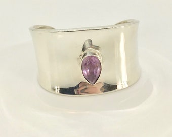 Sterling Silver Cuff Bracelet: Pear Amethyst, Stamped Mexico