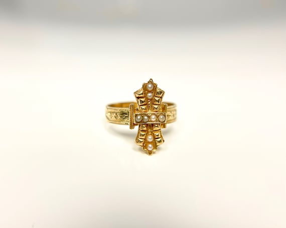 Yellow Gold Seed Pearl Ring, Victorian Style Ring… - image 1