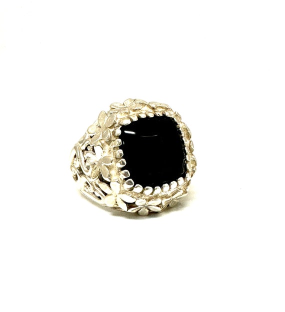 Vintage Sterling Silver Black Onyx Ring, Floral D… - image 1