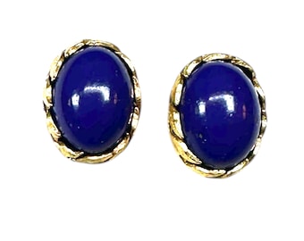 Vintage 14 Karat Yellow Gold Pierced Earrings set with Oval Cabochon Cut Lapis Lazuli