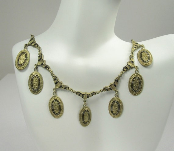 Gold Tone and Black Enamel Bib Necklace, Bib Neckl