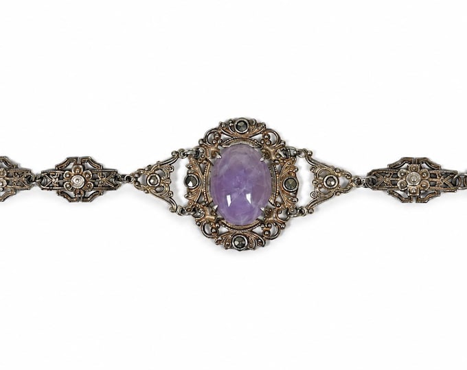 Vintage Cabochon Cut Amethyst and Marcasite Bracelet with Ornate Design