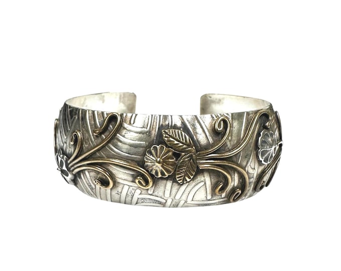 Sterling Silver Native American Navajo Cuff Bracelet Signed Teme, Sterling Bracelet with Floral Appliqué Designs