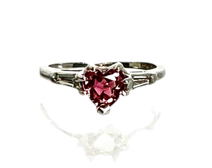 Unique 14K White Gold Heart Shaped Pink Tourmaline Ring with Baguette Diamond Accents