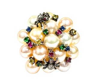 Exquisite 18K White Gold Cultured Pearl & Gemstone Cluster Ring with Diamond Spider Accents