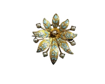 Antique Enamel Pearl Sunburst Pin Pendant 10k Gold